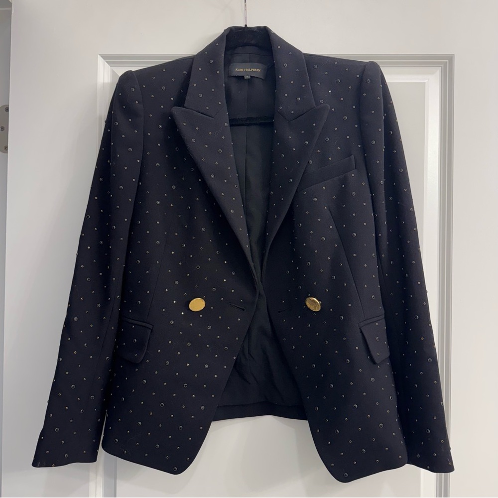 Kobi Halperin Black Studded Double-Breasted Blazer with Gold Buttons